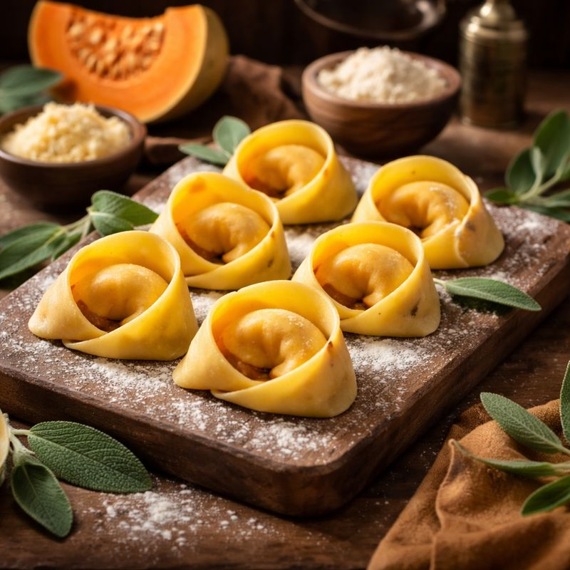 Tortelloni di zucca su tagliere con salvia